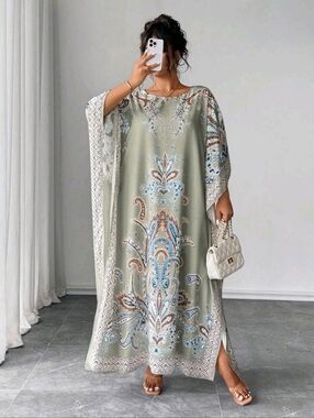 Boho Paisley Maxi Kaftan Dress in Sage Green